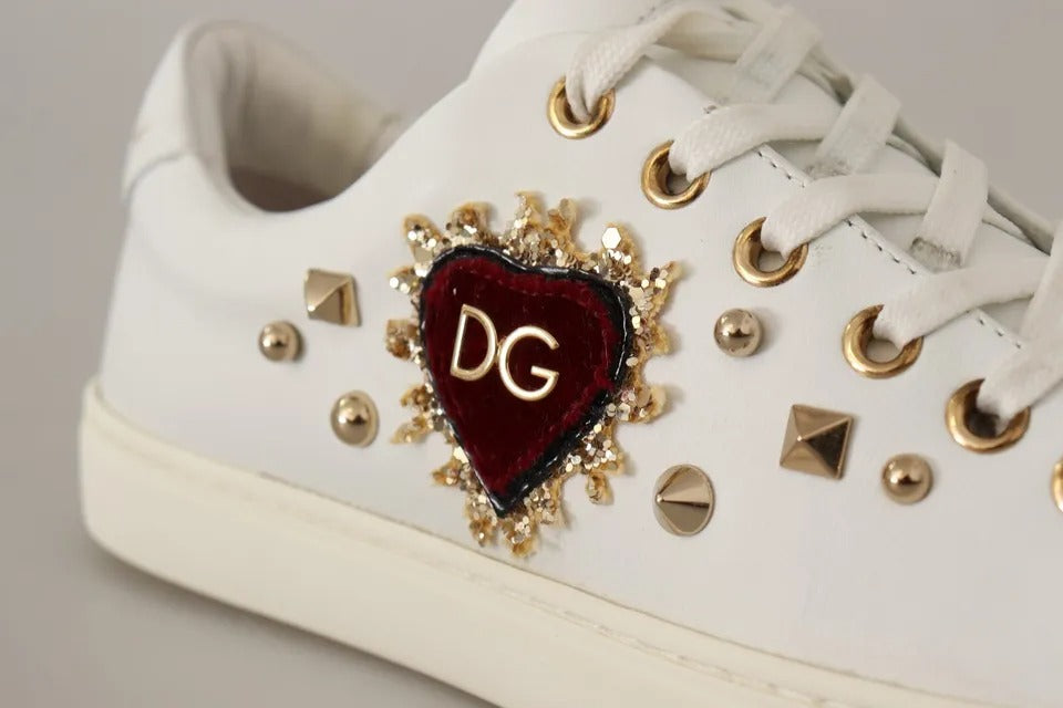 Dolce &amp; Gabbana Hvidt Læder Guld Rødt Hjerte Sneakers Sko