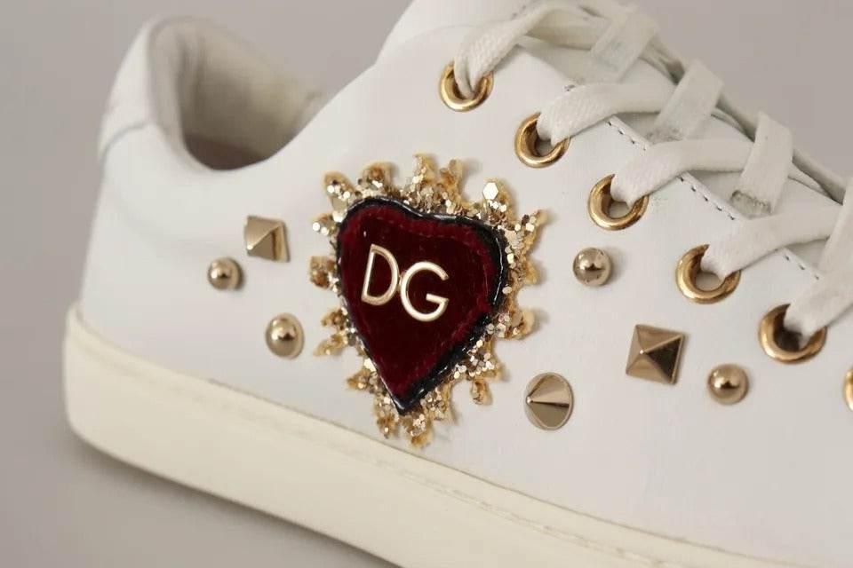 Dolce & Gabbana White Leather Gold Red Heart Sneakers Shoes - Hilstor