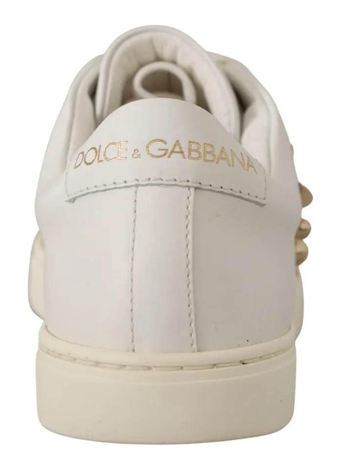 Dolce & Gabbana White Leather Gold Red Heart Sneakers Shoes - Hilstor