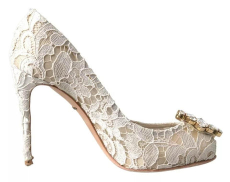 Dolce & Gabbana White Taormina Lace Crystal Heels Pumps Shoes - Hilstor