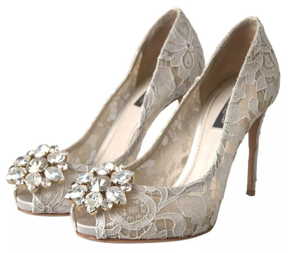 Dolce & Gabbana White Taormina Lace Crystal Heels Pumps Shoes - Hilstor