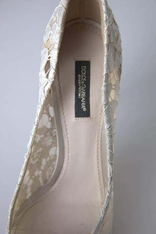 Dolce & Gabbana White Taormina Lace Crystal Heels Pumps Shoes - Hilstor