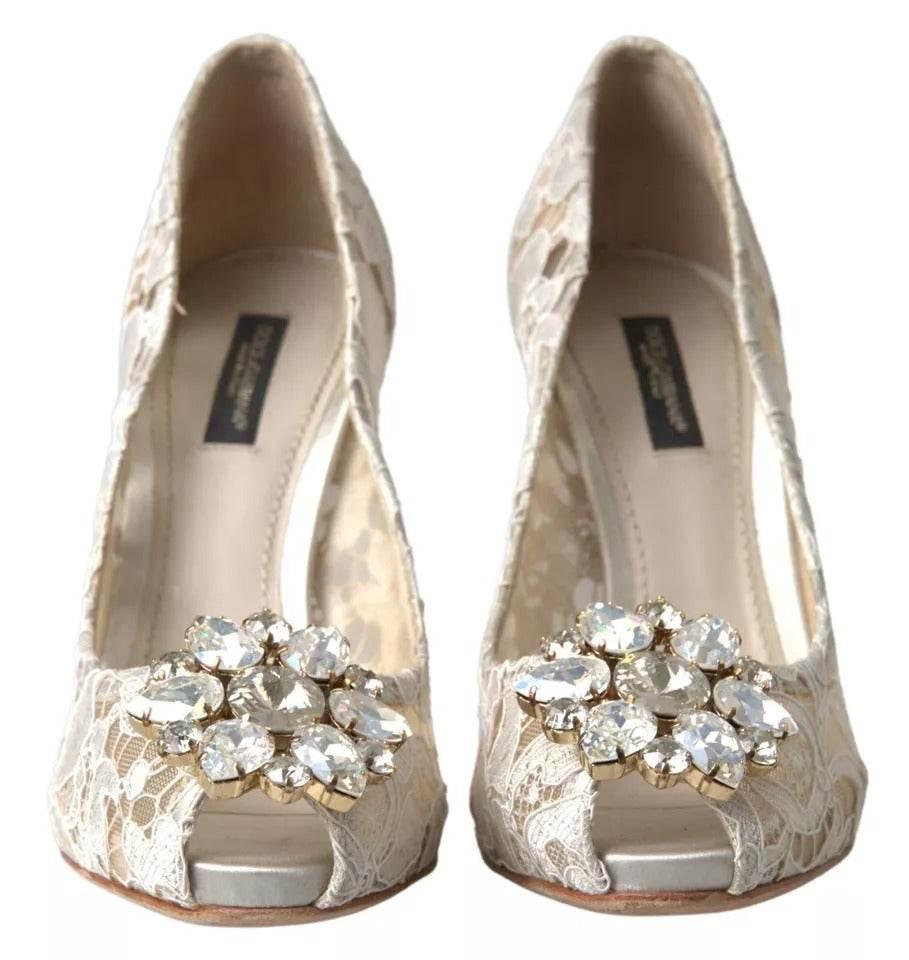 Dolce & Gabbana White Taormina Lace Crystal Heels Pumps Shoes - Hilstor