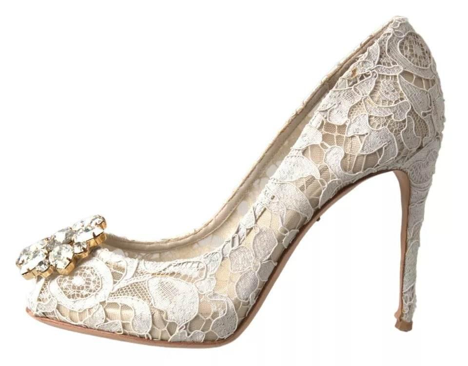Dolce & Gabbana White Taormina Lace Crystal Heels Pumps Shoes - Hilstor