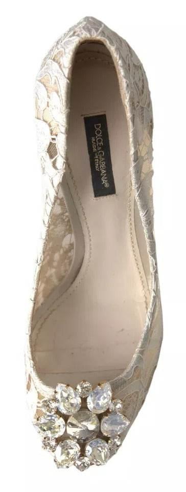 Dolce & Gabbana White Taormina Lace Crystal Heels Pumps Shoes - Hilstor