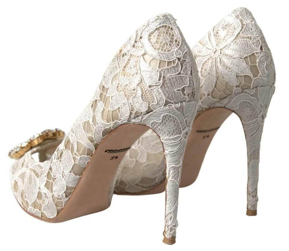 Dolce & Gabbana White Taormina Lace Crystal Heels Pumps Shoes - Hilstor