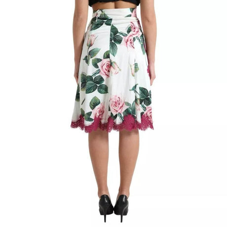 Dolce & Gabbana White Rose Print High Waist Midi A-line Skirt - Hilstor