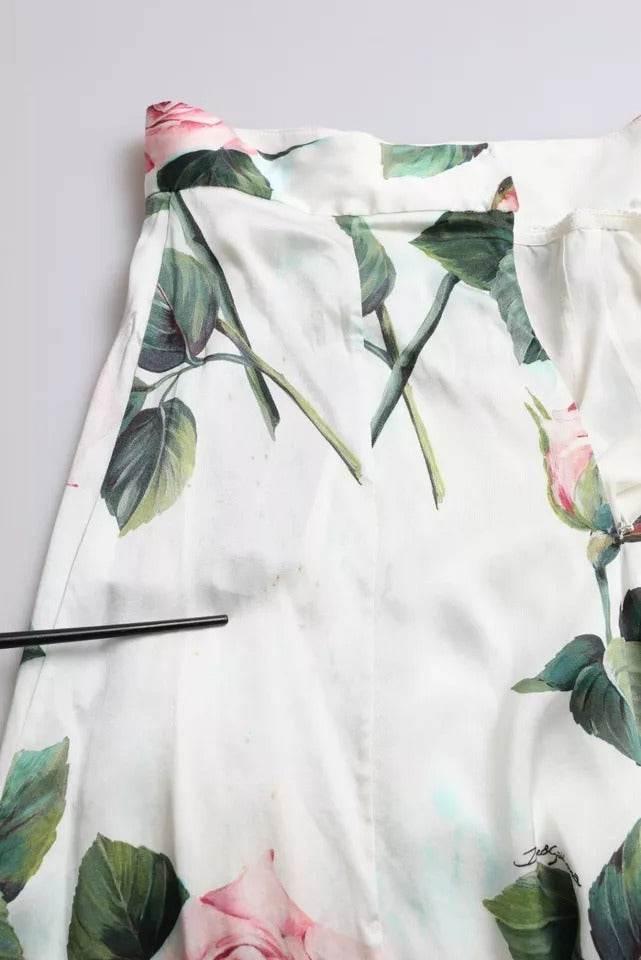 Dolce & Gabbana White Rose Print High Waist Midi A-line Skirt - Hilstor