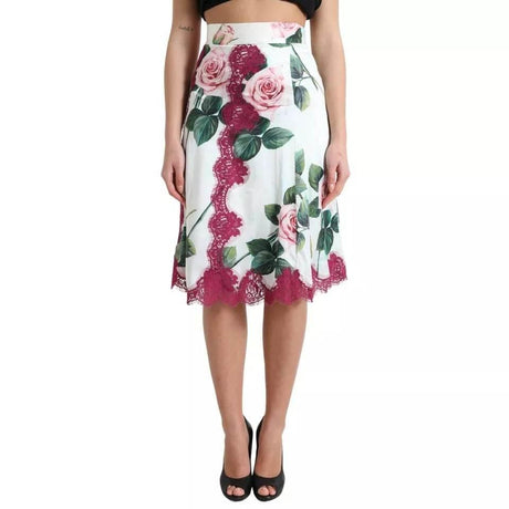 Dolce & Gabbana White Rose Print High Waist Midi A-line Skirt - Hilstor
