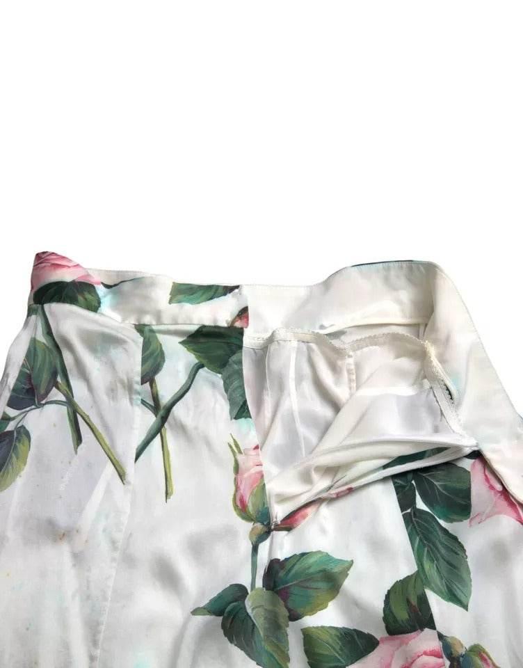 Dolce & Gabbana White Rose Print High Waist Midi A-line Skirt - Hilstor