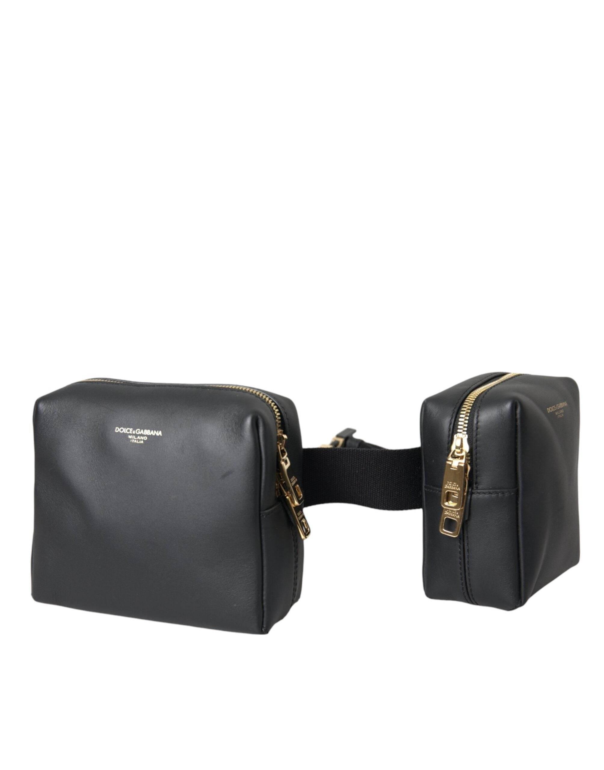 Dolce & Gabbana Black Calfskin Leather Double Waist Belt Fanny Pack Bag - Hilstor