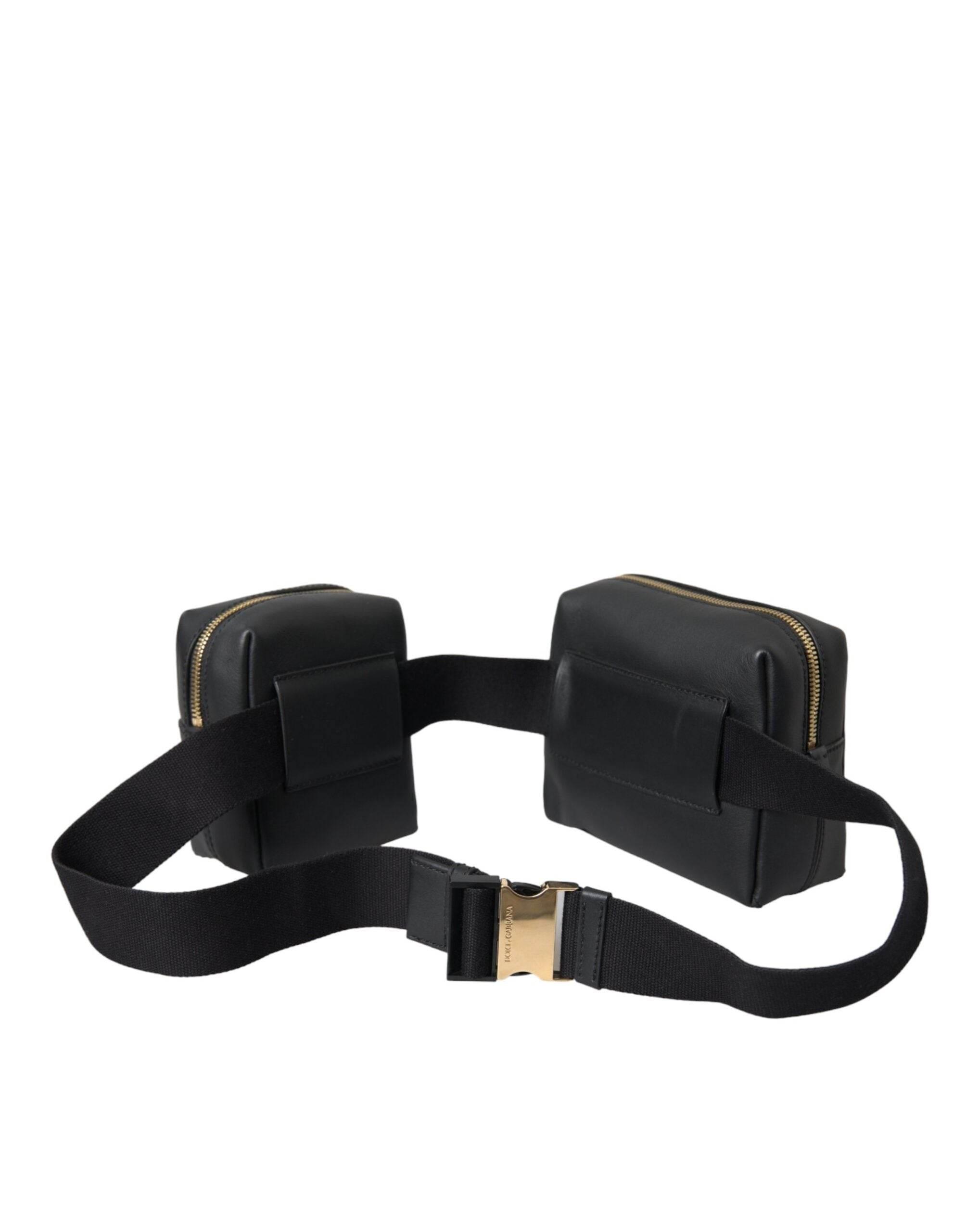 Dolce & Gabbana Black Calfskin Leather Double Waist Belt Fanny Pack Bag - Hilstor