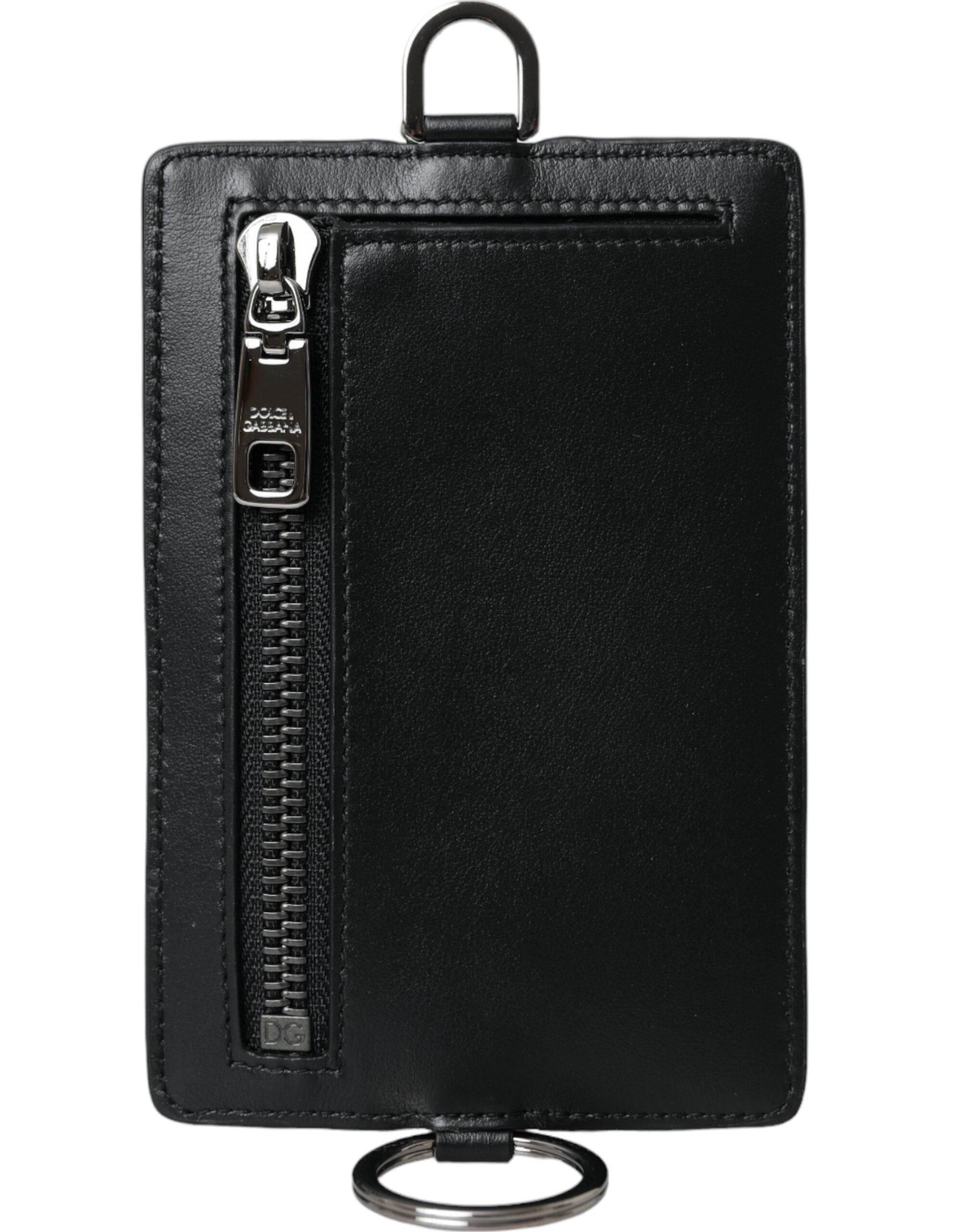 Dolce & Gabbana Black Calf Leather Lanyard Logo Card Holder Men Wallet - Hilstor
