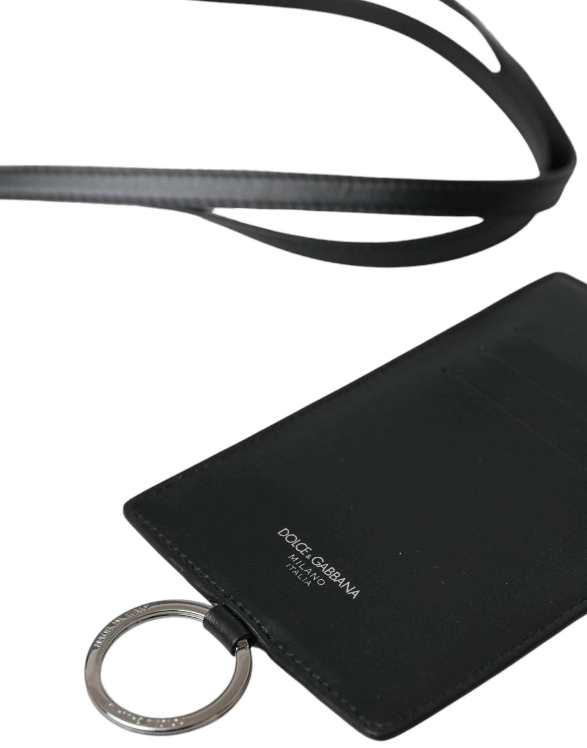 Dolce & Gabbana Black Calf Leather Lanyard Logo Card Holder Men Wallet - Hilstor