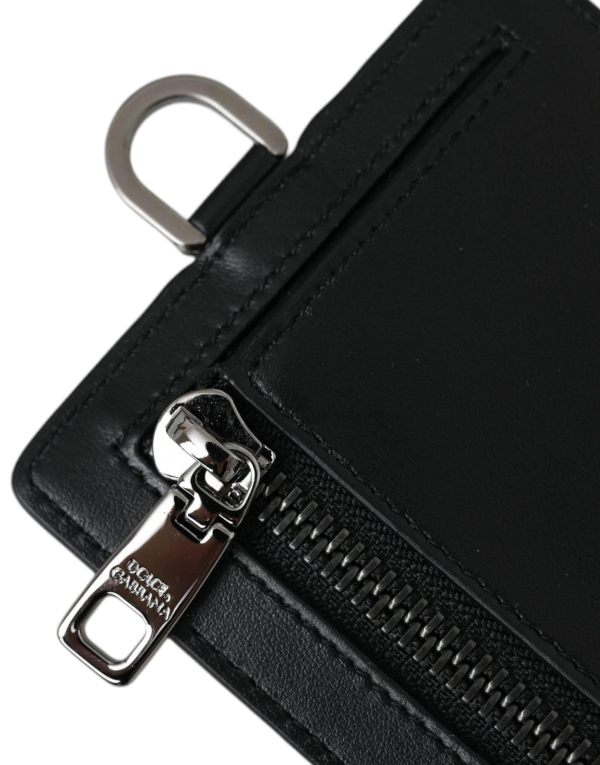 Dolce & Gabbana Black Calf Leather Lanyard Logo Card Holder Men Wallet - Hilstor