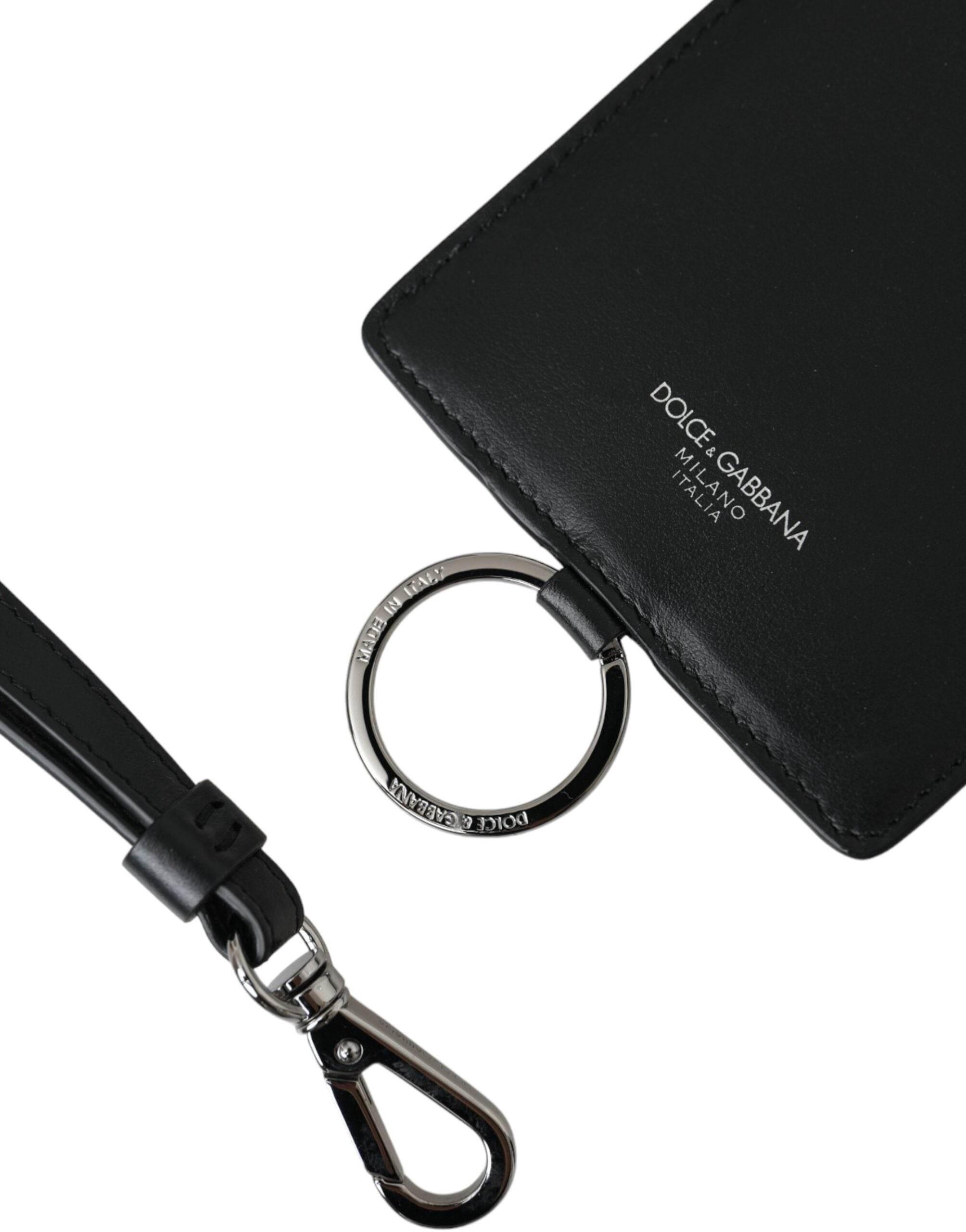 Dolce & Gabbana Black Calf Leather Lanyard Logo Card Holder Men Wallet - Hilstor
