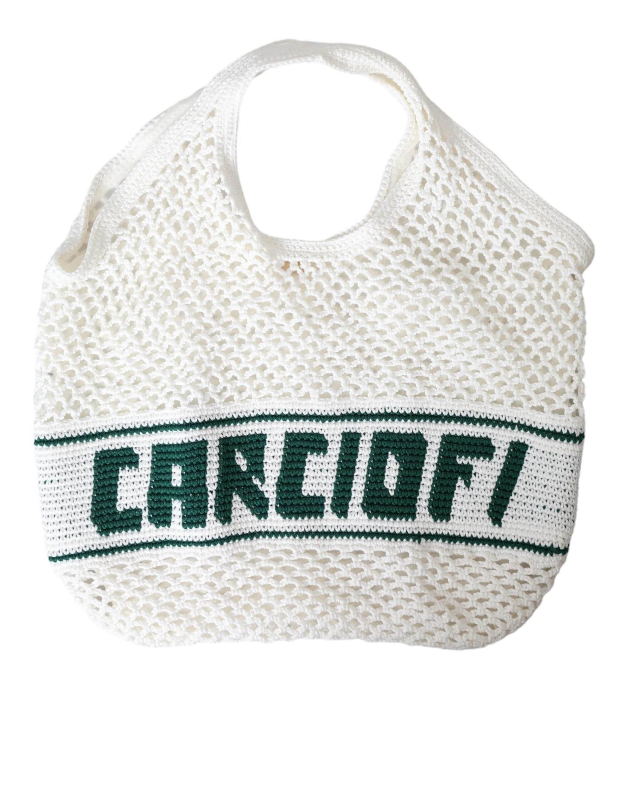 Dolce & Gabbana White Green Knitted Cotton Logo Shopping Tote Bag - Hilstor