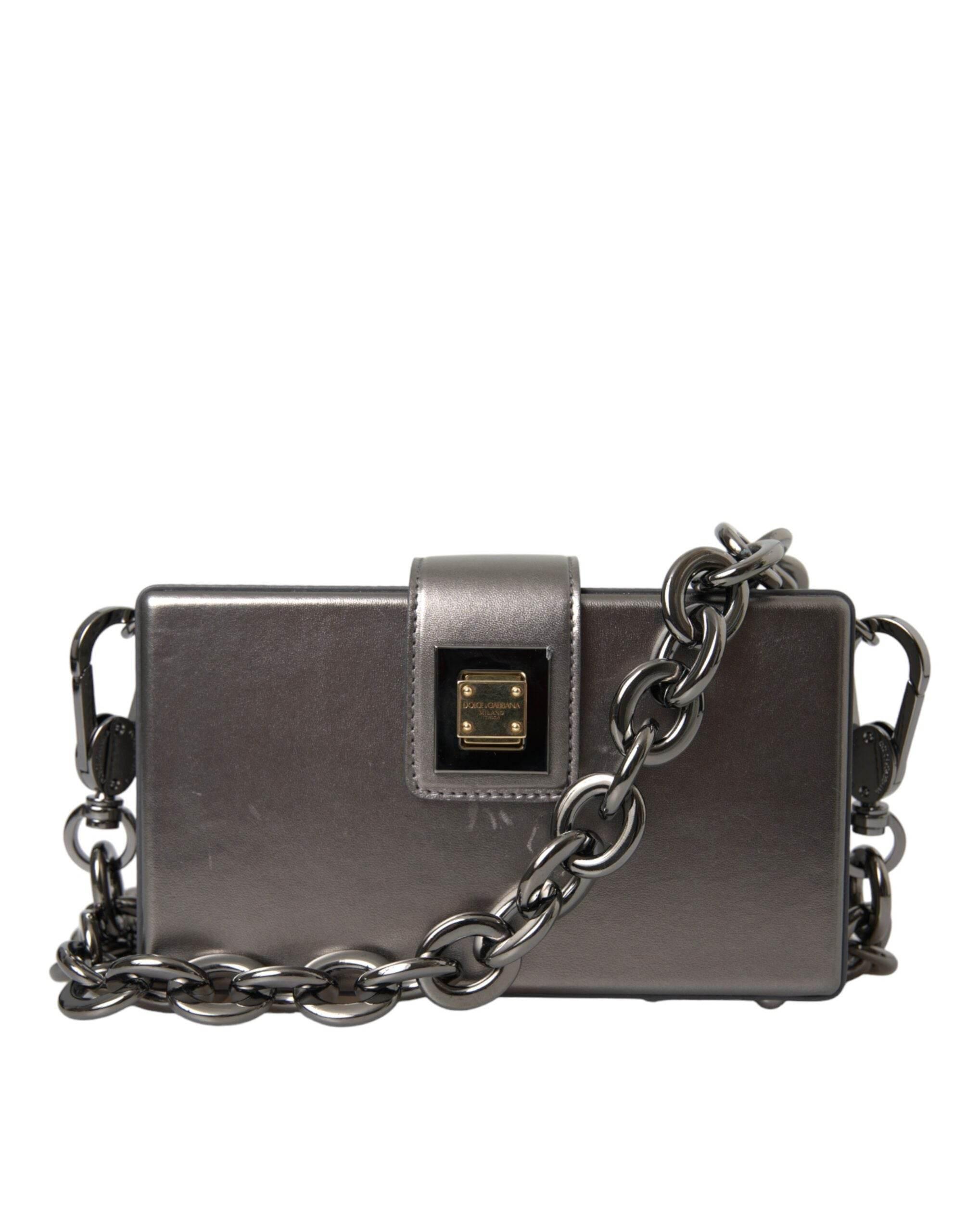 Dolce & Gabbana Metallic Gray Calfskin Leather DG BOX Shoulder Bag - Hilstor