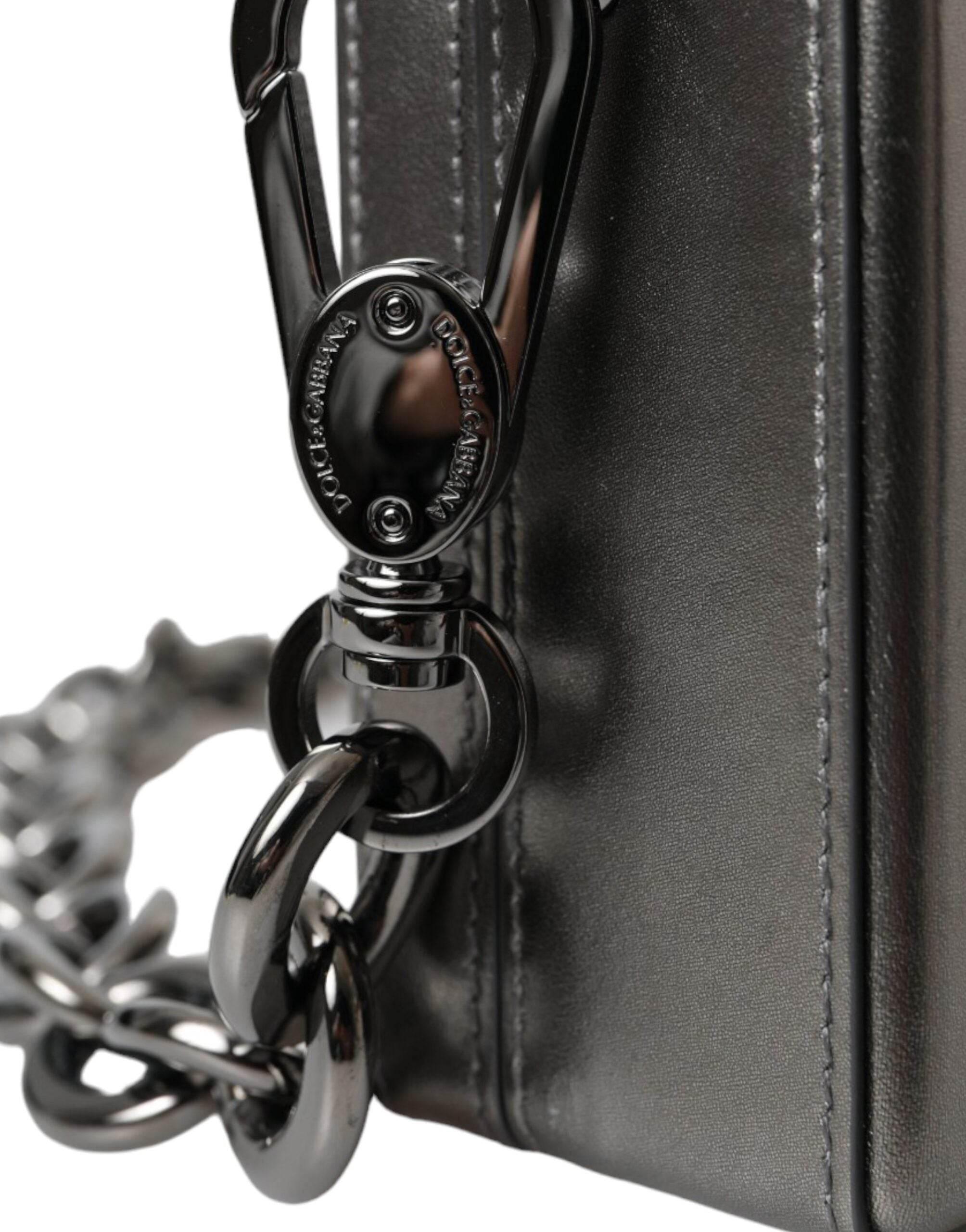 Dolce & Gabbana Metallic Gray Calfskin Leather DG BOX Shoulder Bag - Hilstor