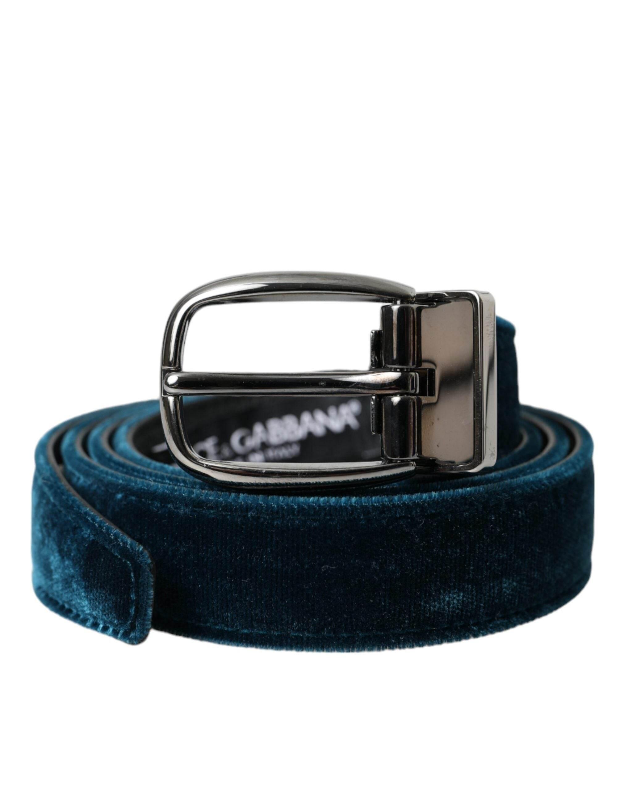 Dolce & Gabbana Blue Velvet Leather Silver Metal Buckle Belt - Hilstor