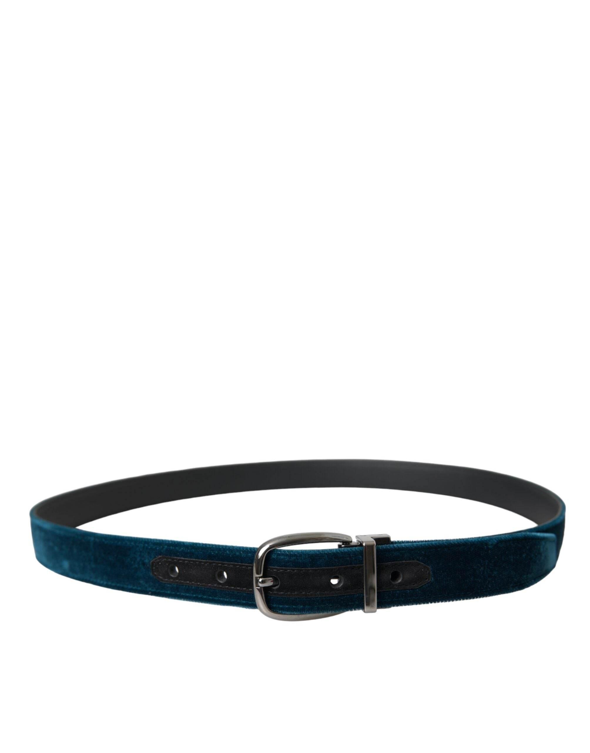 Dolce & Gabbana Blue Velvet Leather Silver Metal Buckle Belt - Hilstor