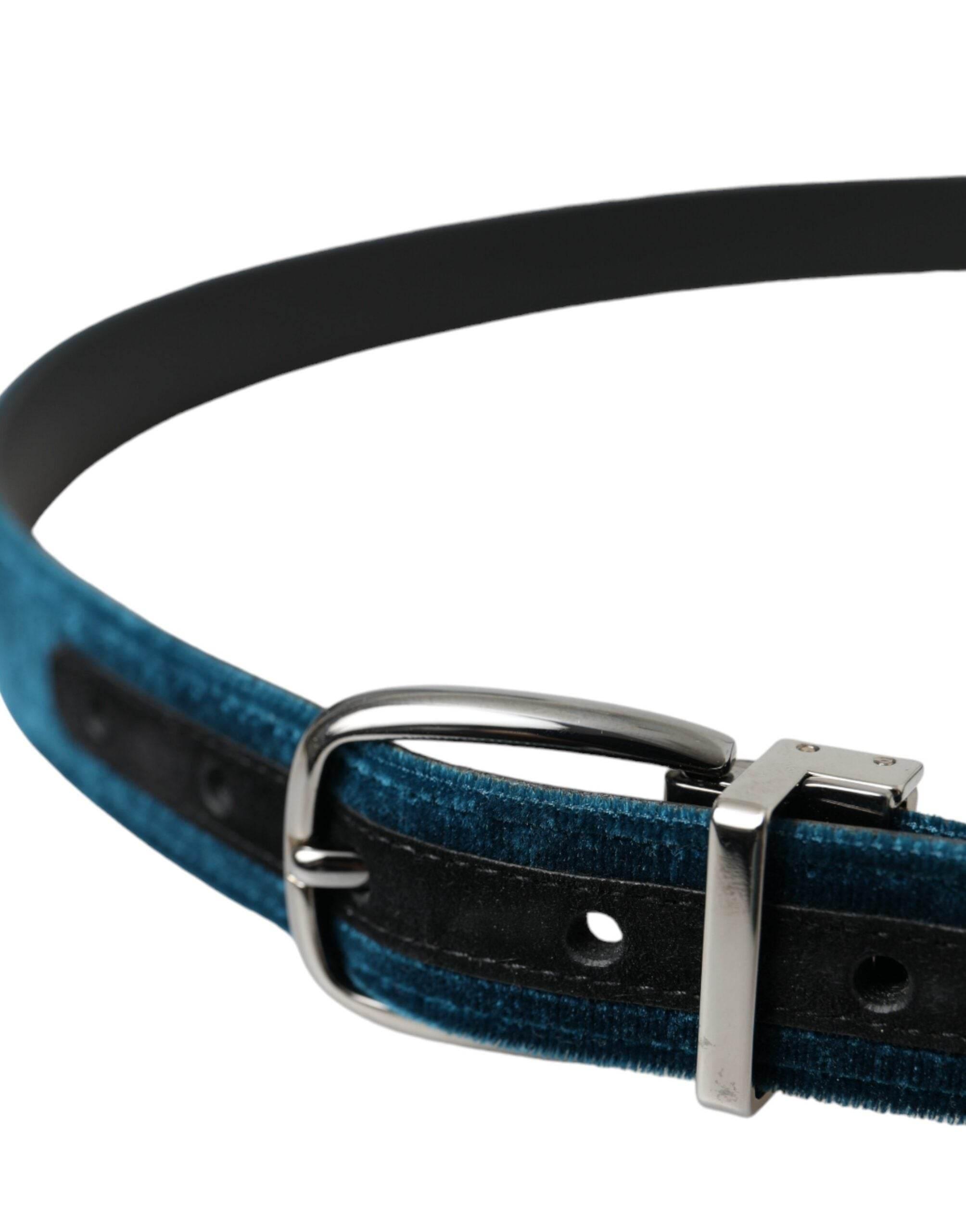 Dolce & Gabbana Blue Velvet Leather Silver Metal Buckle Belt - Hilstor