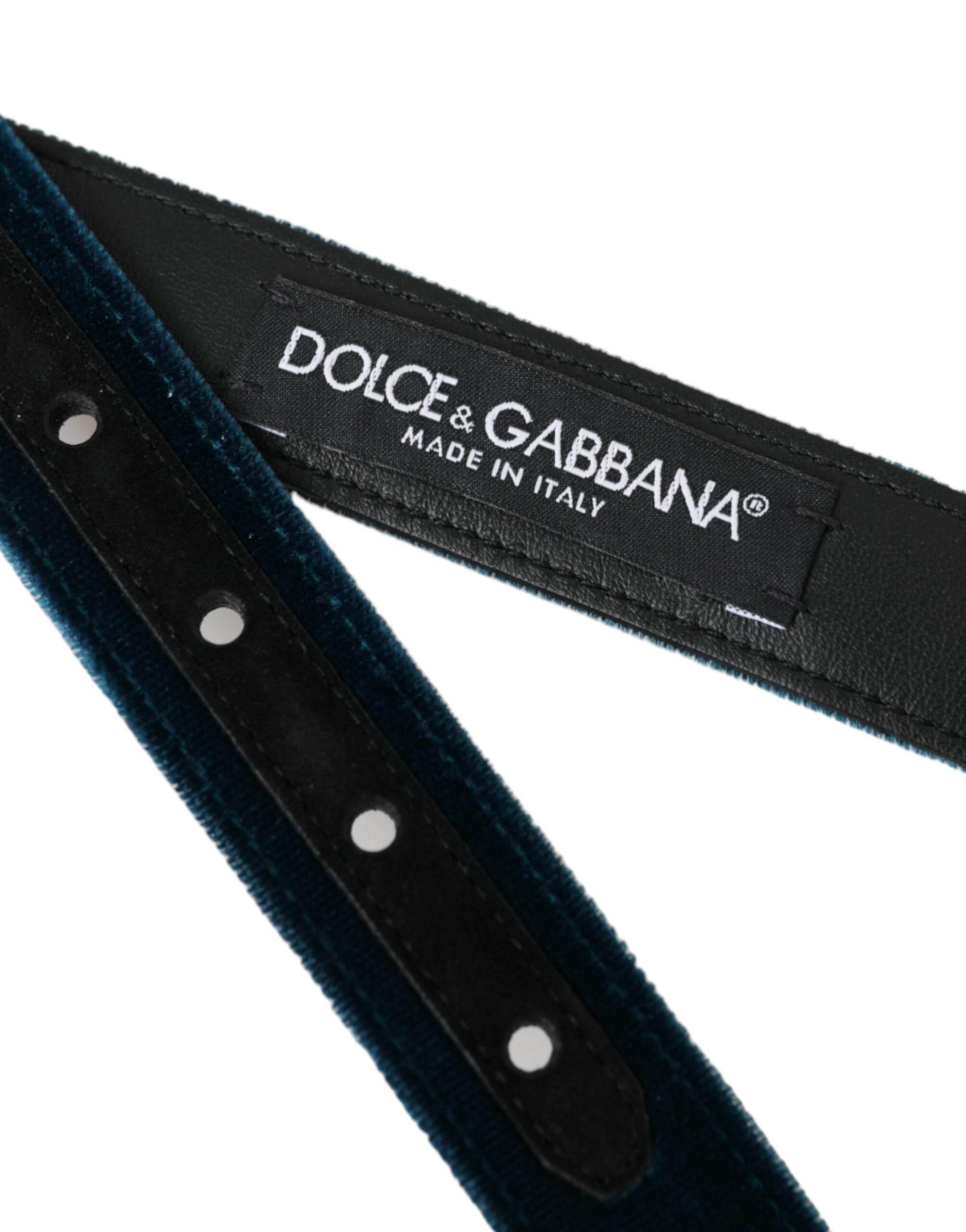 Dolce & Gabbana Blue Velvet Leather Silver Metal Buckle Belt - Hilstor