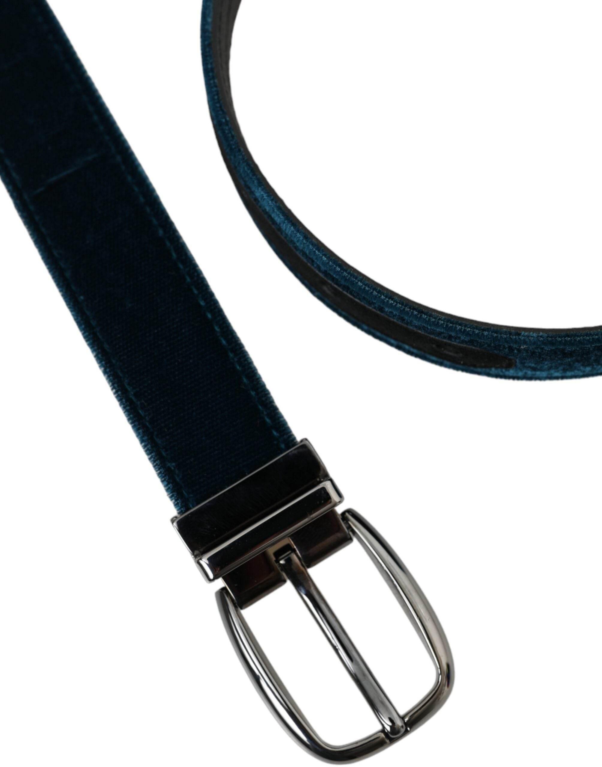 Dolce & Gabbana Blue Velvet Leather Silver Metal Buckle Belt - Hilstor