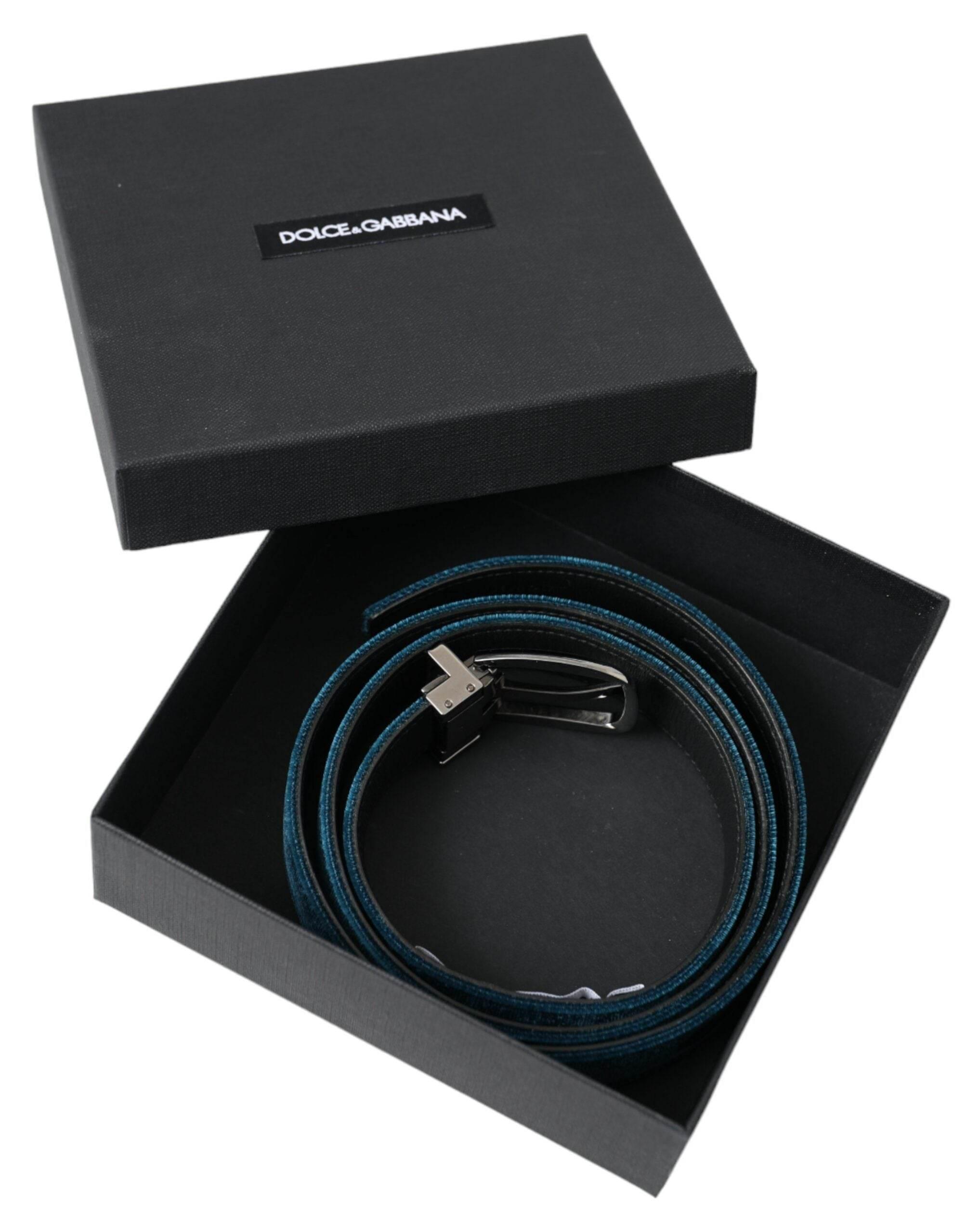 Dolce & Gabbana Blue Velvet Leather Silver Metal Buckle Belt - Hilstor