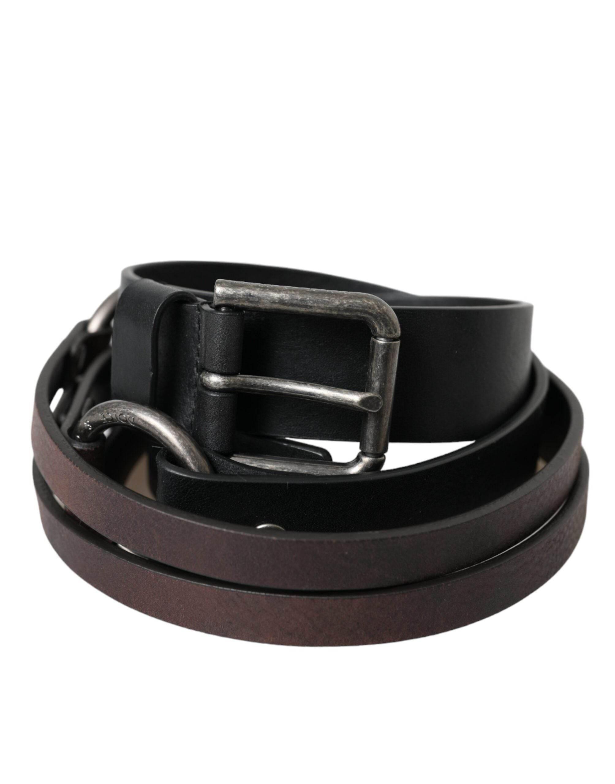 Dolce & Gabbana Black Brown Leather Silver Metal Buckle Belt - Hilstor