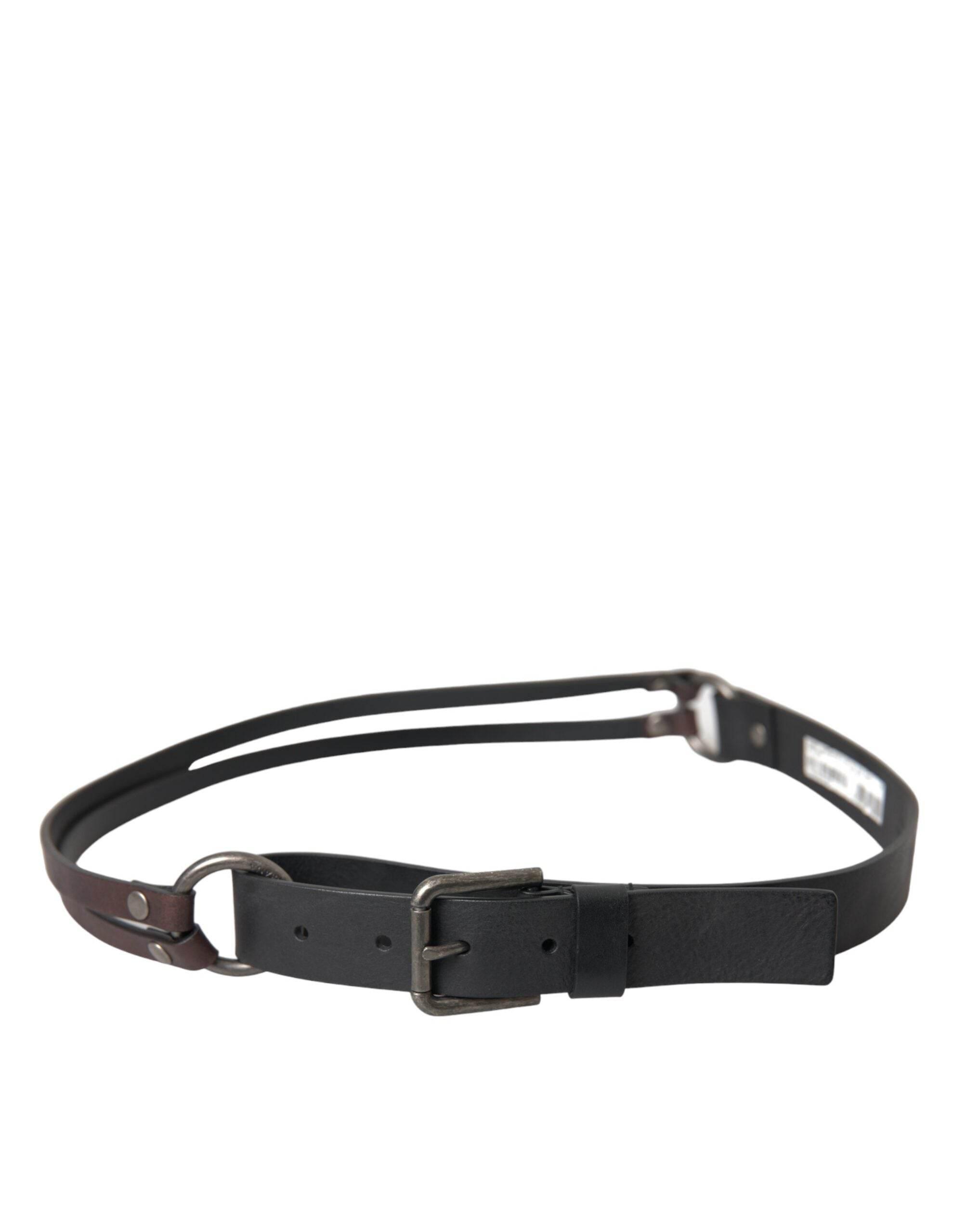 Dolce & Gabbana Black Brown Leather Silver Metal Buckle Belt - Hilstor
