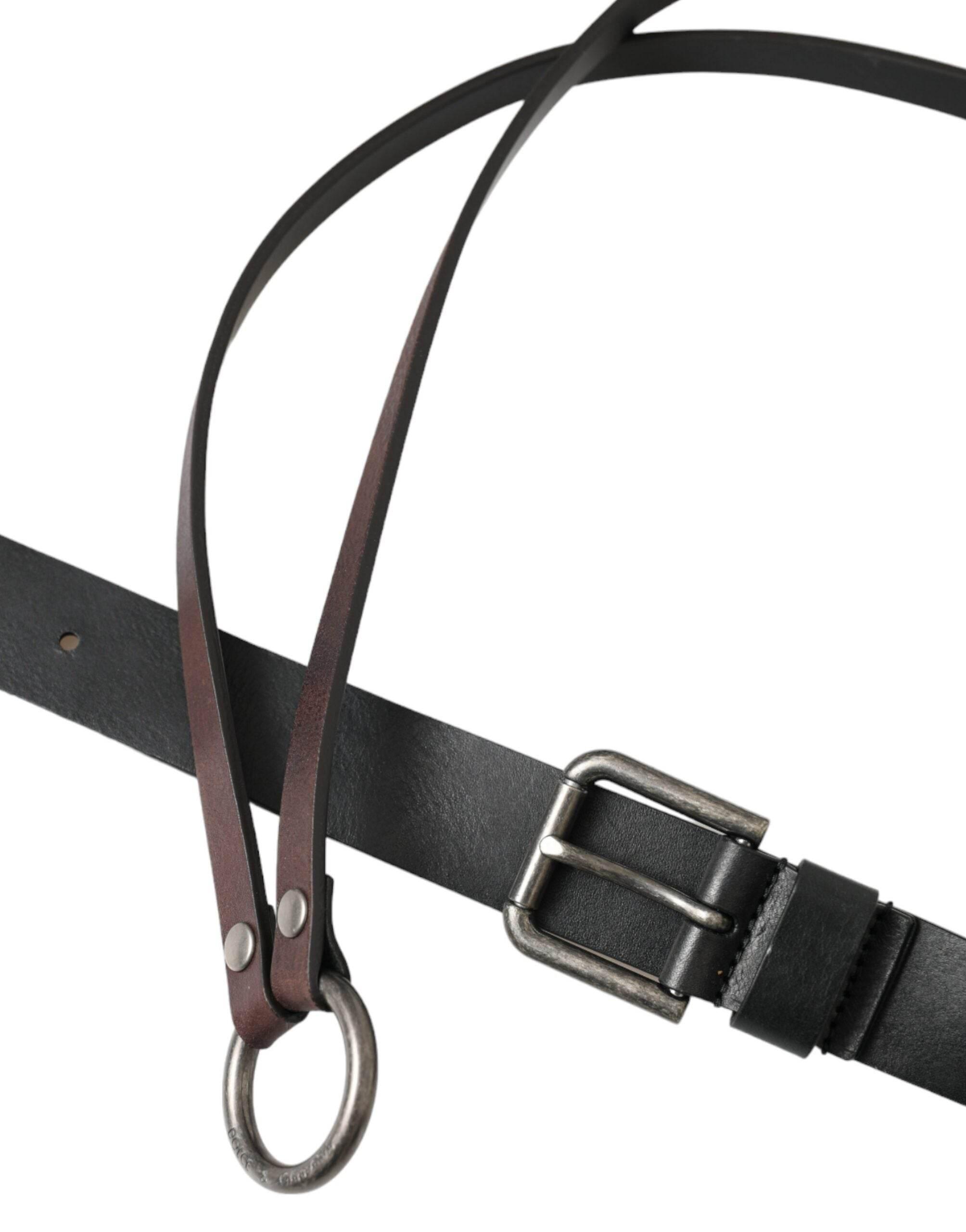 Dolce & Gabbana Black Brown Leather Silver Metal Buckle Belt - Hilstor