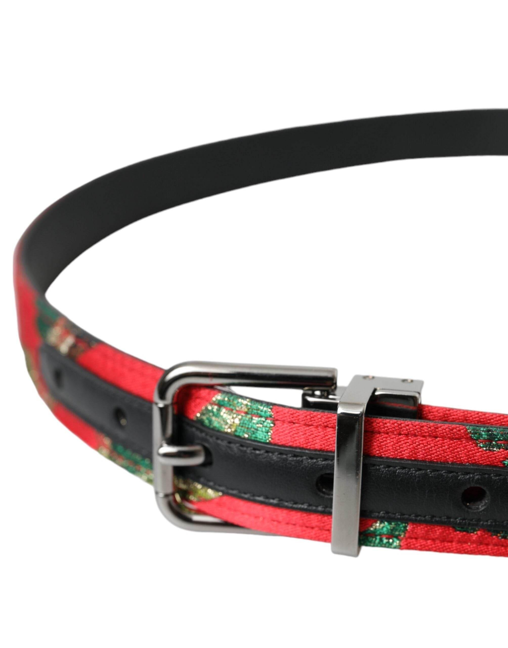 Dolce & Gabbana Red Leather Jacquard Silver Metal Buckle Belt - Hilstor