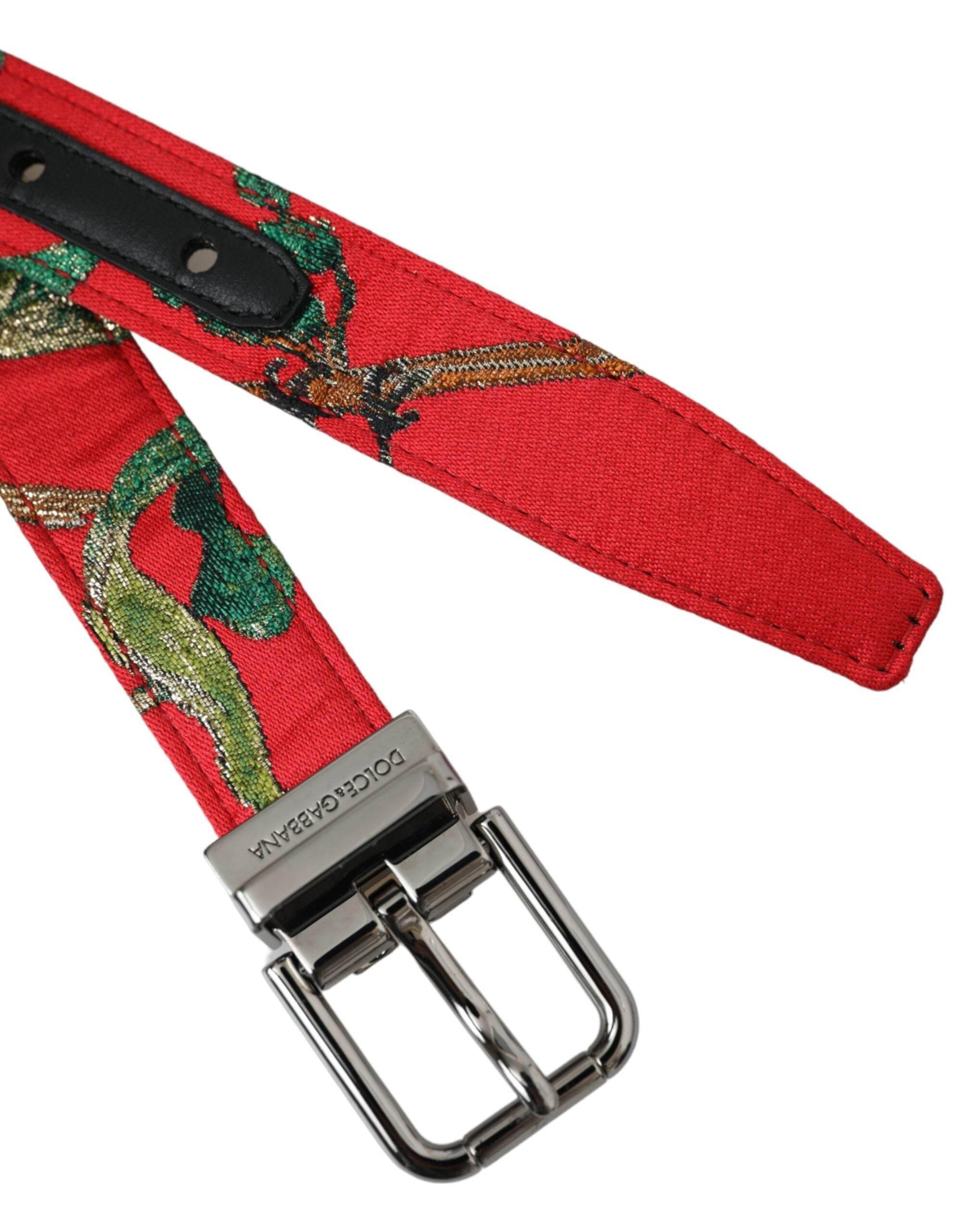 Dolce & Gabbana Red Leather Jacquard Silver Metal Buckle Belt - Hilstor