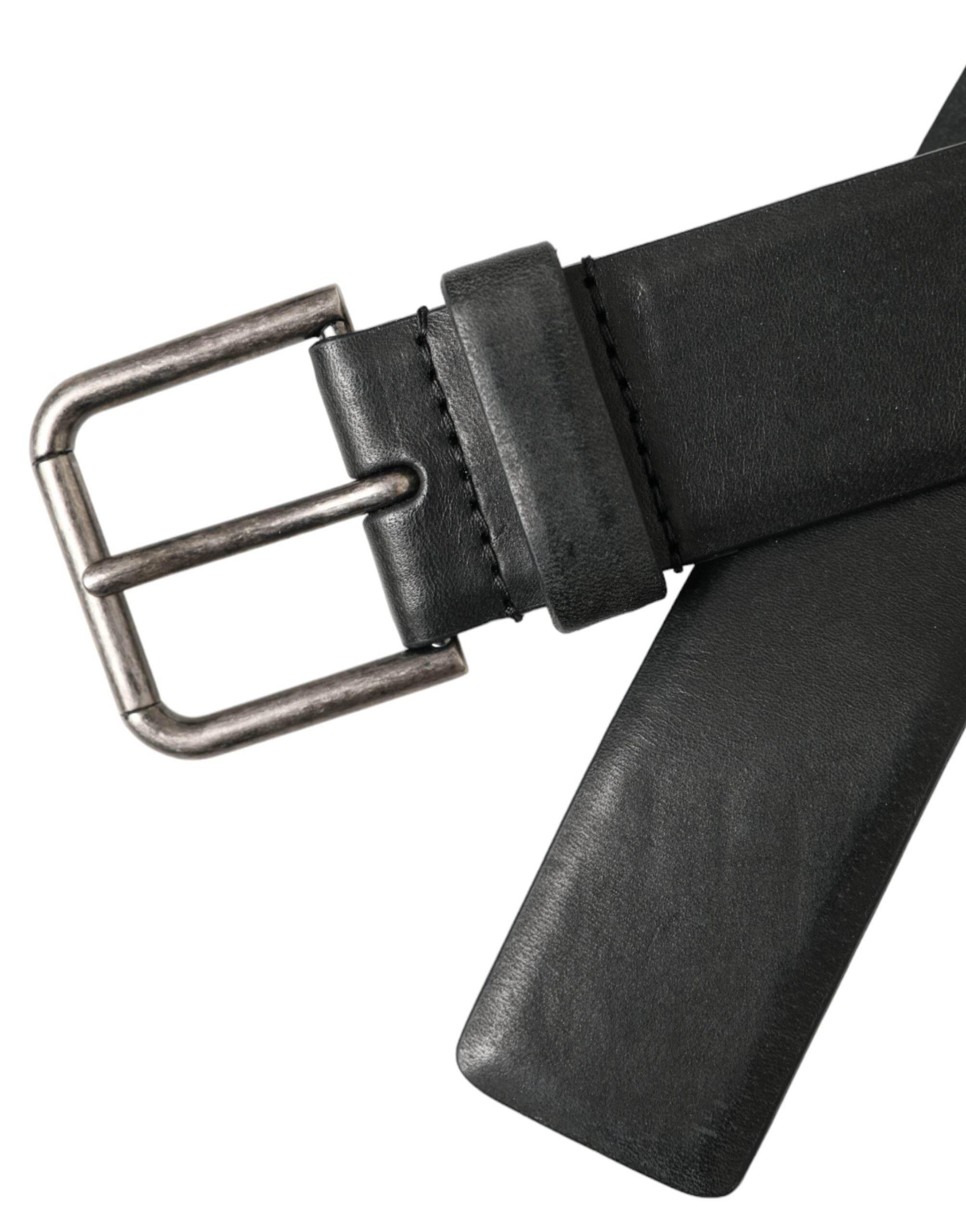 Dolce & Gabbana Black Calf Leather Silver Metal Buckle Belt - Hilstor