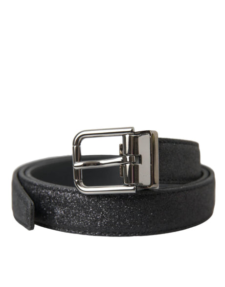Dolce & Gabbana Black Glittered Leather Silver Buckle Belt - Hilstor
