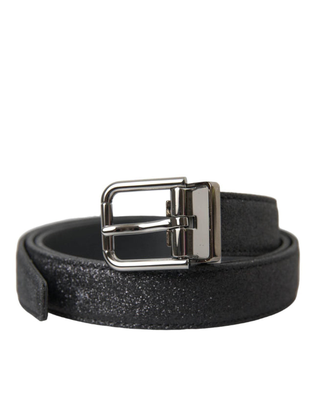 Dolce & Gabbana Black Glittered Leather Silver Buckle Belt - Hilstor