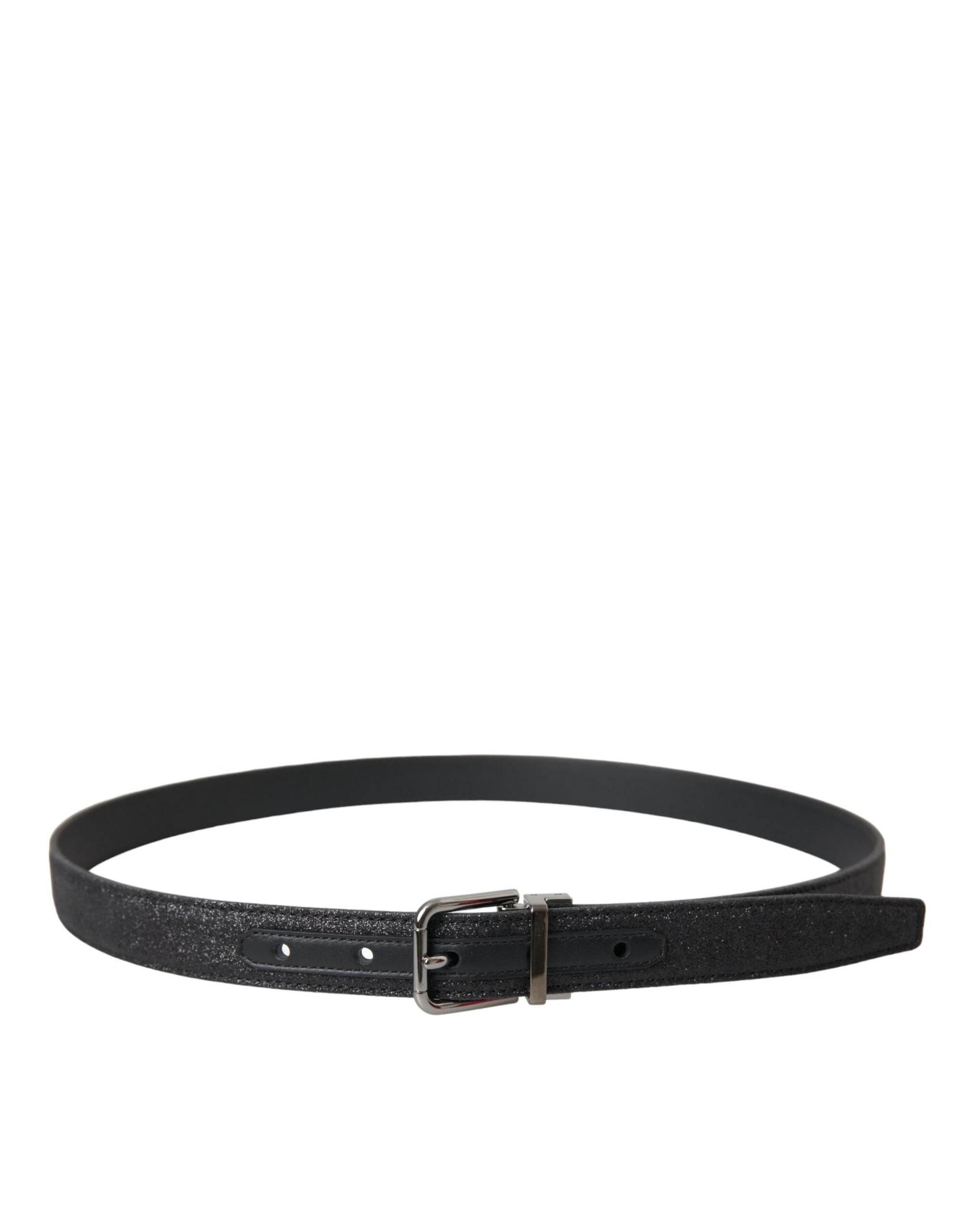 Dolce & Gabbana Black Glittered Leather Silver Buckle Belt - Hilstor