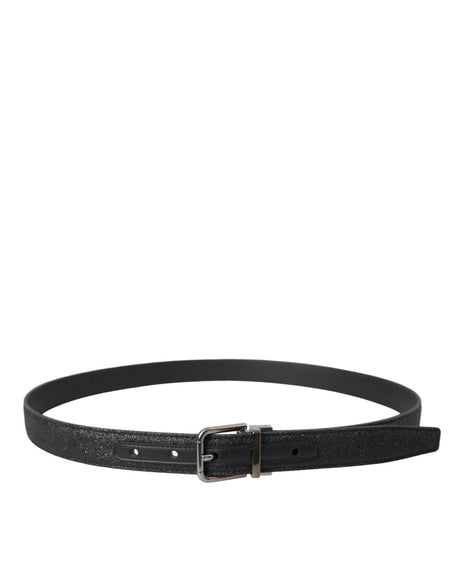 Dolce & Gabbana Black Glittered Leather Silver Buckle Belt - Hilstor