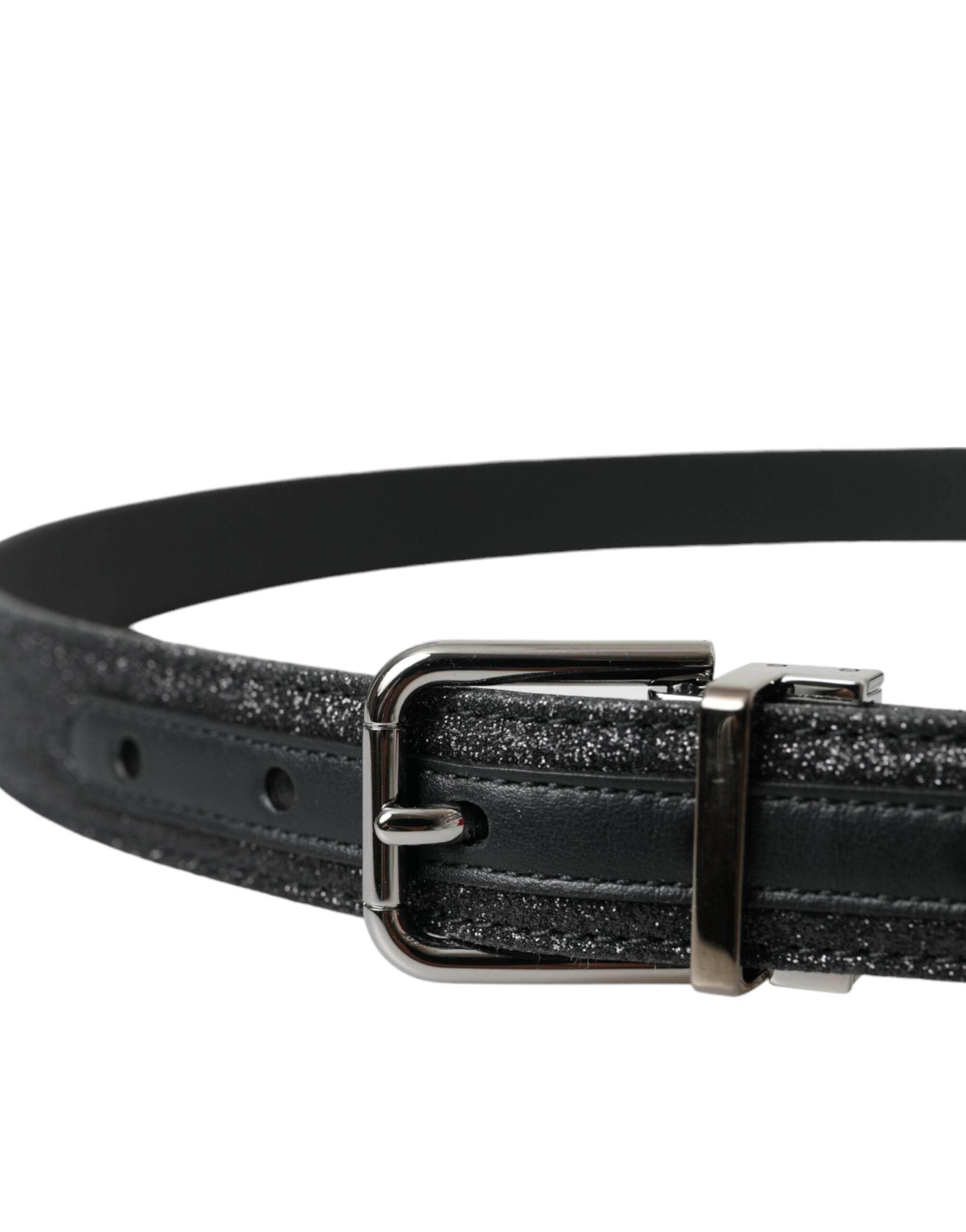 Dolce & Gabbana Black Glittered Leather Silver Buckle Belt - Hilstor
