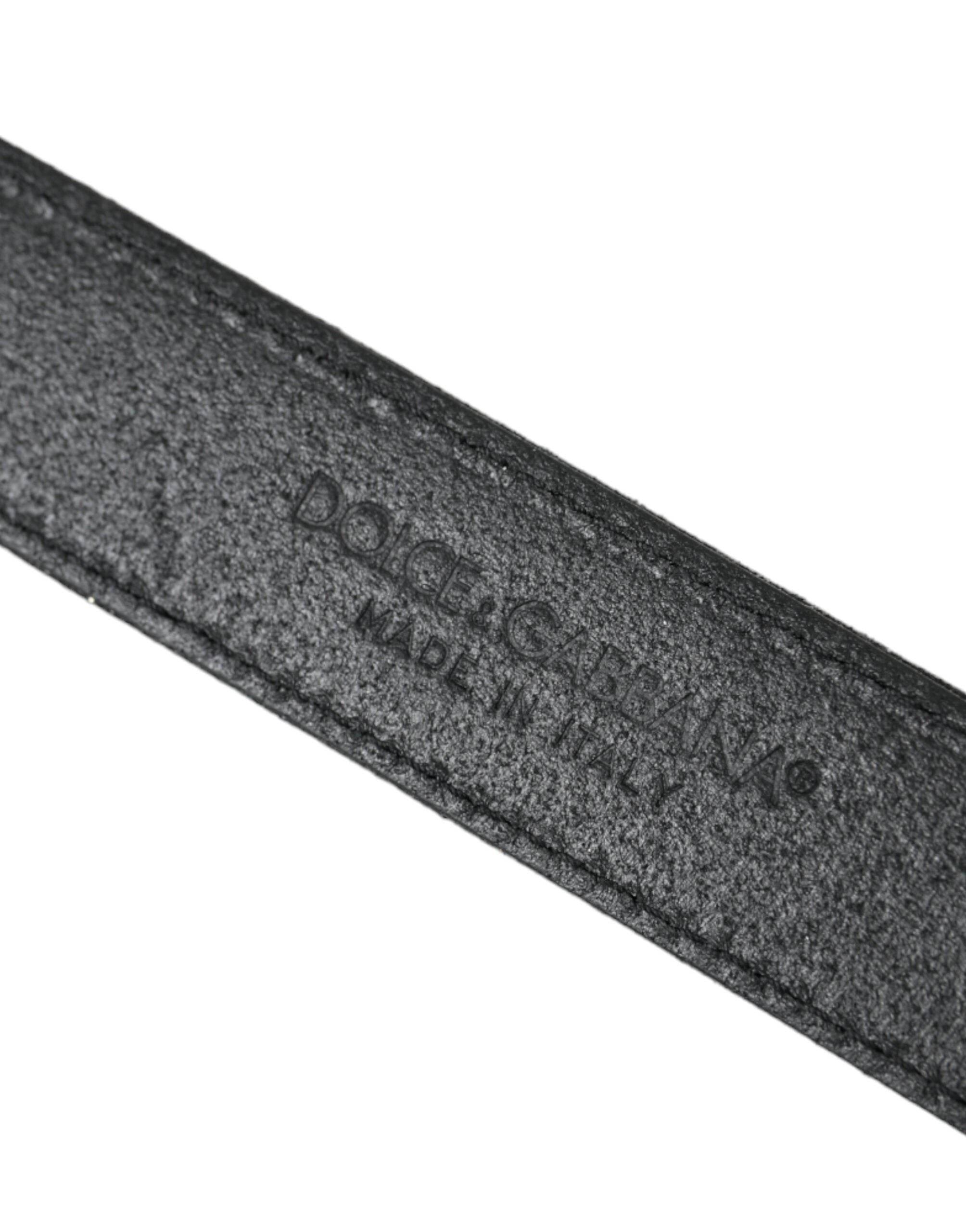 Dolce & Gabbana Black Glittered Leather Silver Buckle Belt - Hilstor