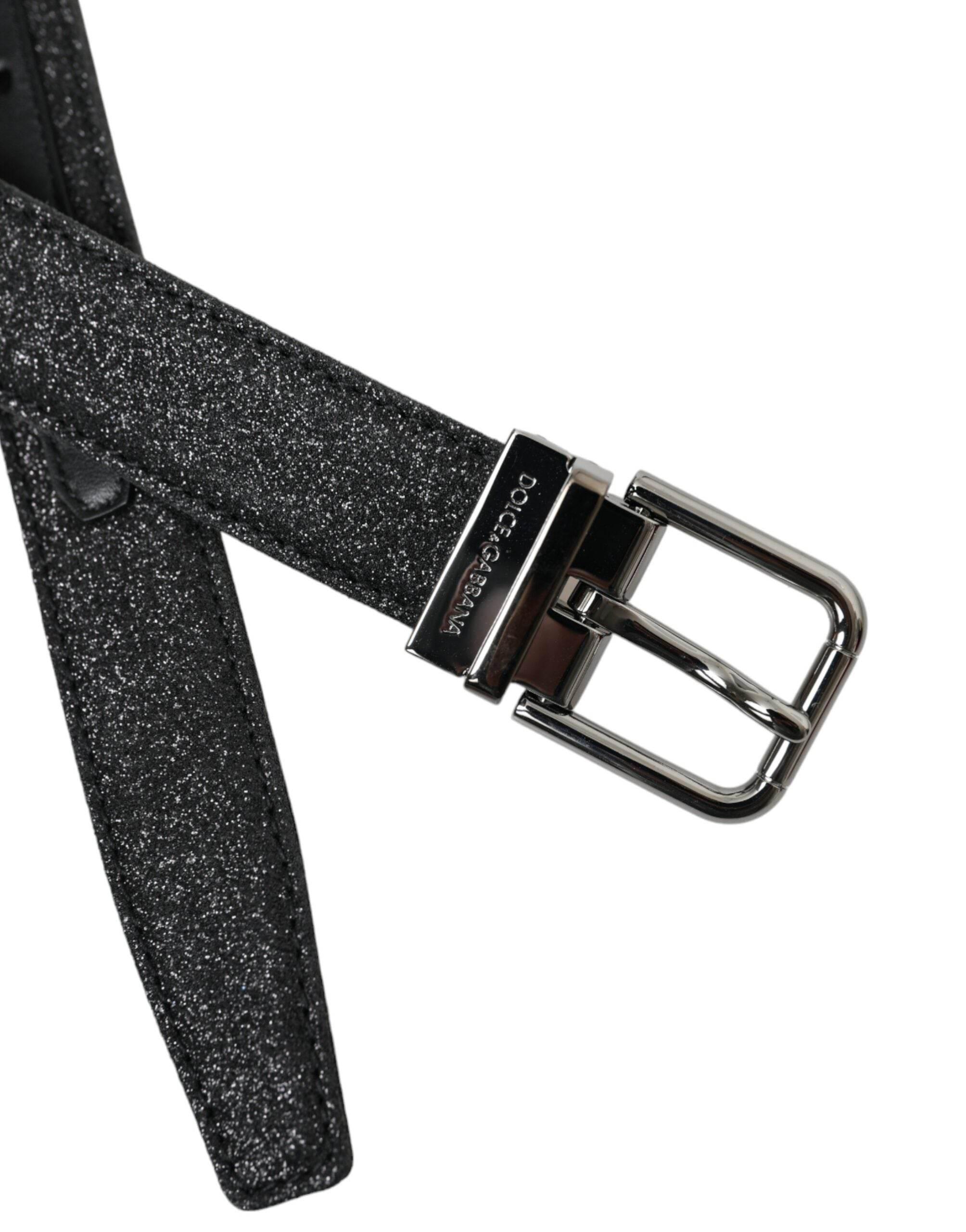 Dolce & Gabbana Black Glittered Leather Silver Buckle Belt - Hilstor