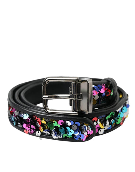 Dolce & Gabbana Black Sequined Silver Metal Buckle Women Belt - Hilstor