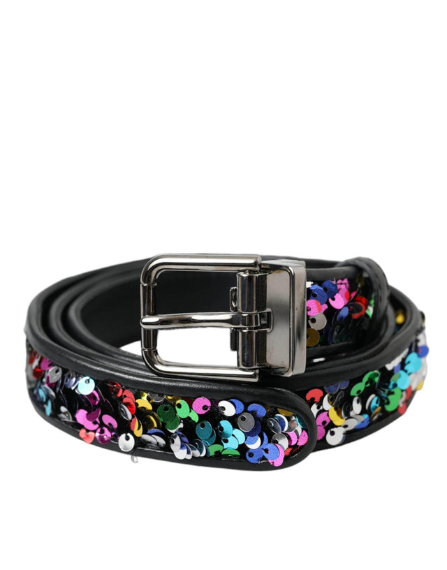 Dolce & Gabbana Black Sequined Silver Metal Buckle Women Belt - Hilstor