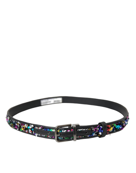 Dolce & Gabbana Black Sequined Silver Metal Buckle Women Belt - Hilstor