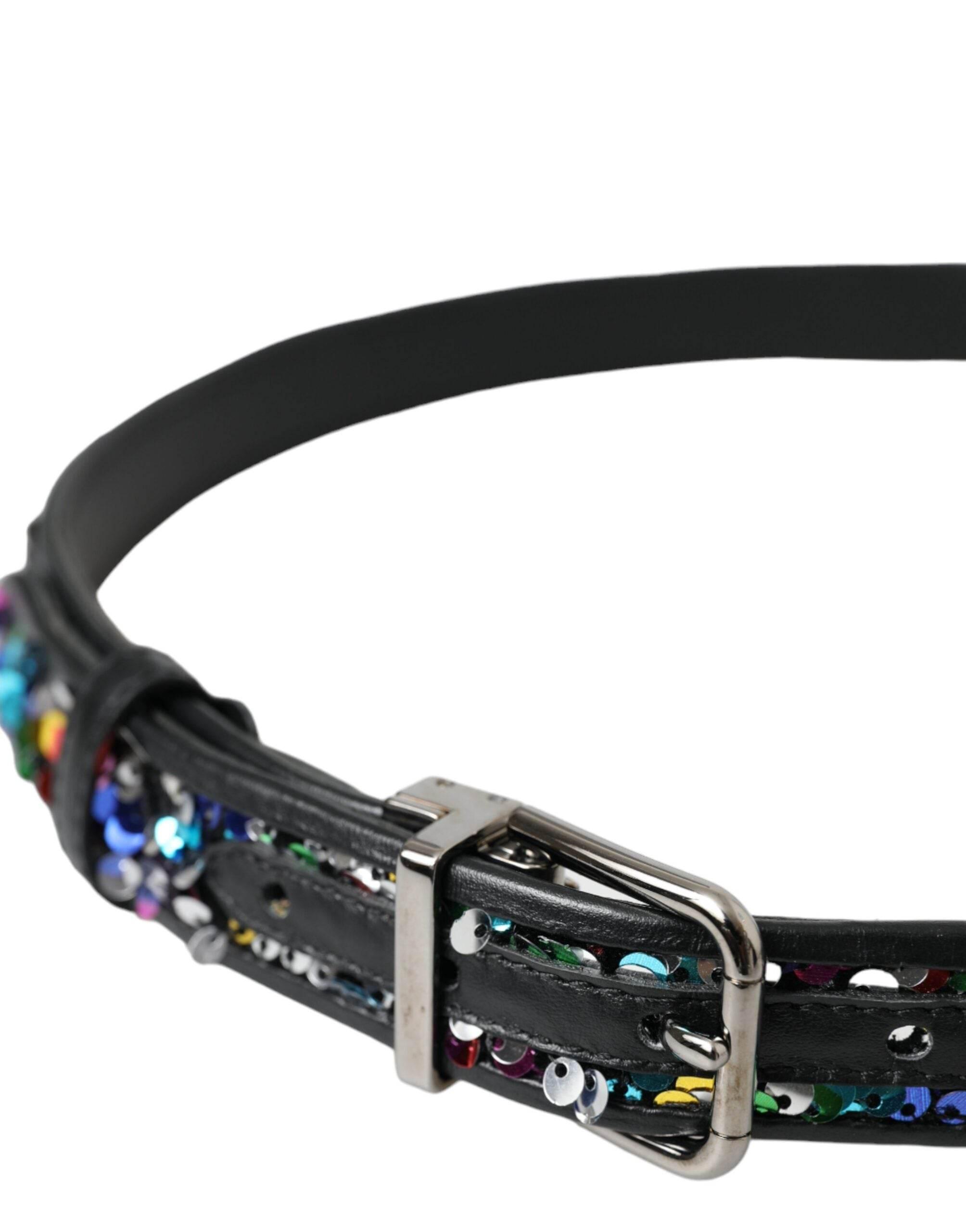 Dolce & Gabbana Black Sequined Silver Metal Buckle Women Belt - Hilstor
