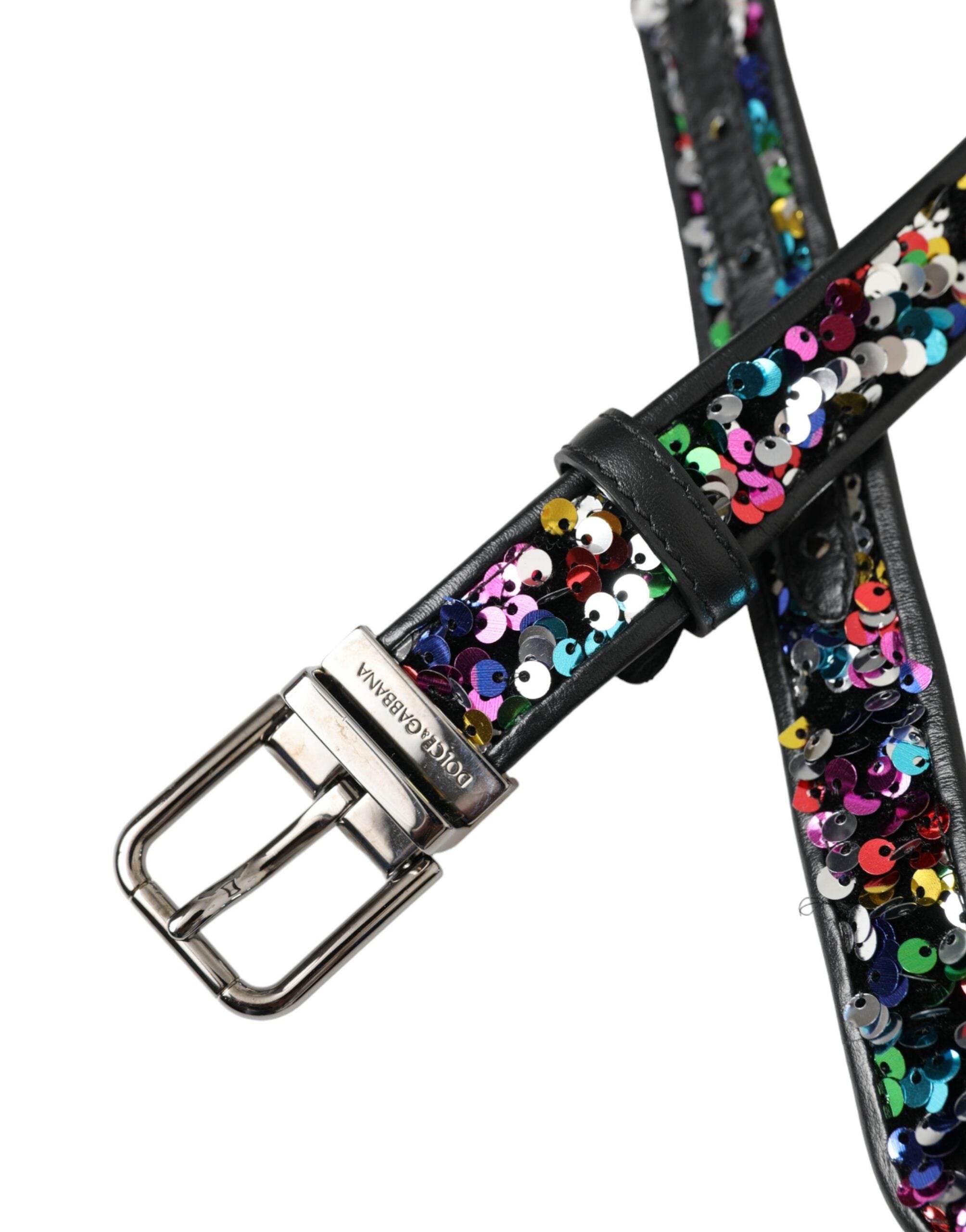 Dolce & Gabbana Black Sequined Silver Metal Buckle Women Belt - Hilstor