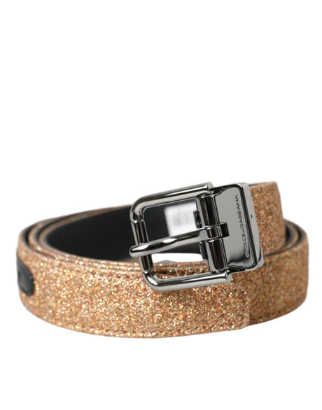 Dolce & Gabbana Gold Glitter Leather Silver Metal Buckle Belt - Hilstor