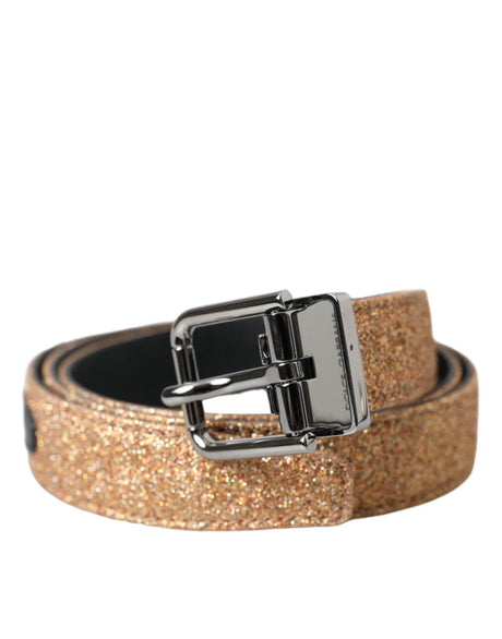 Dolce & Gabbana Gold Glitter Leather Silver Metal Buckle Belt - Hilstor