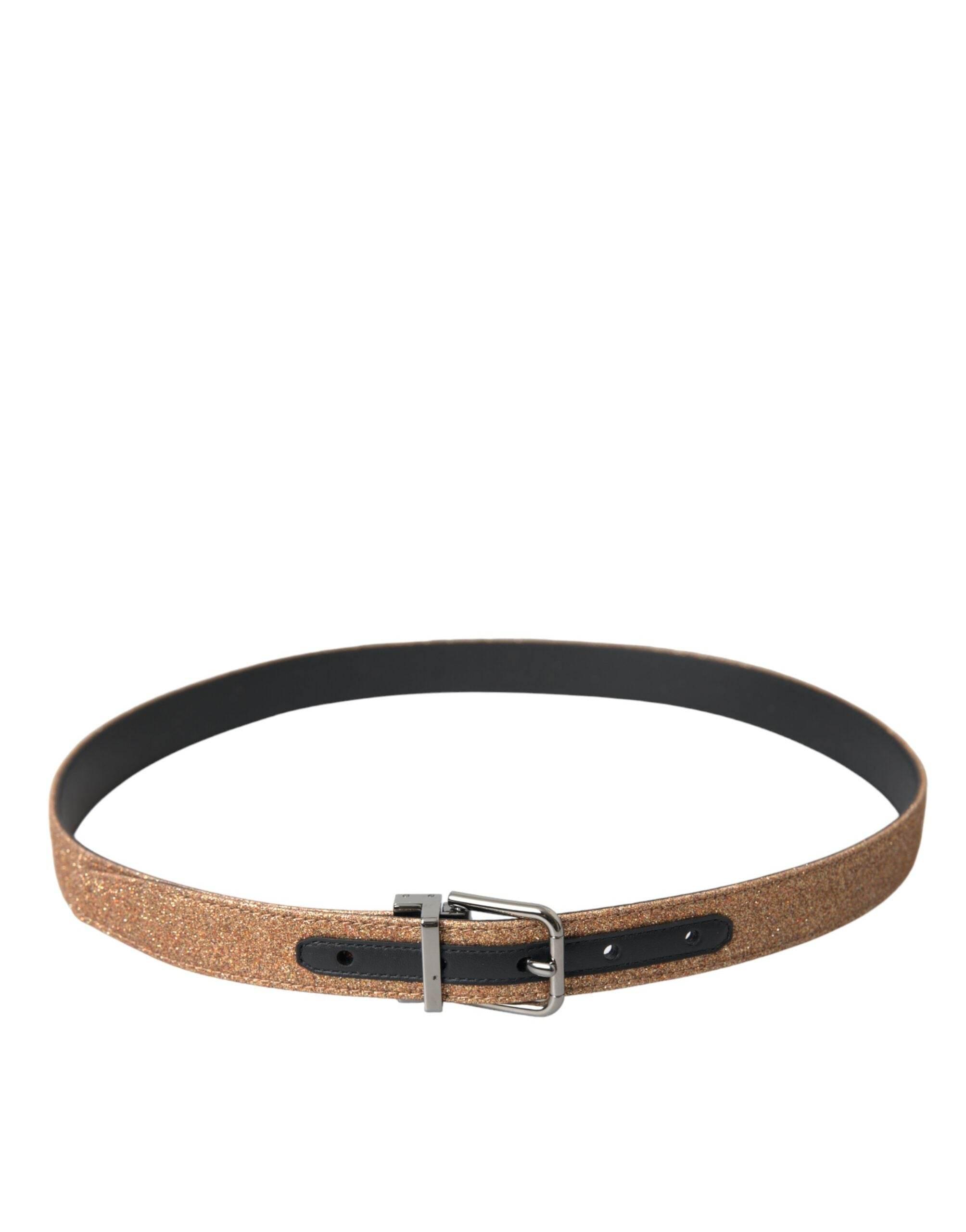 Dolce & Gabbana Gold Glitter Leather Silver Metal Buckle Belt - Hilstor